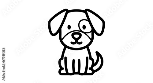 Cute cartoon puppy dog sitting and looking forward, , simple line art illustration