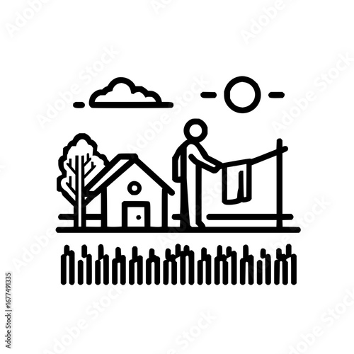 Laundry day scene vector illustration showcasing outdoor clothesline drying in a rural setting icon design