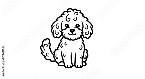 Cute cartoon poodle dog sitting and smiling, , simple line art illustration, adorable pet character, perfect for childrens books and designs