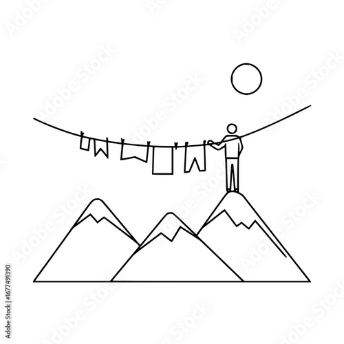 Mountain laundry line art minimalist outline drawing vector illustration outdoor adventure travel lifestyle design