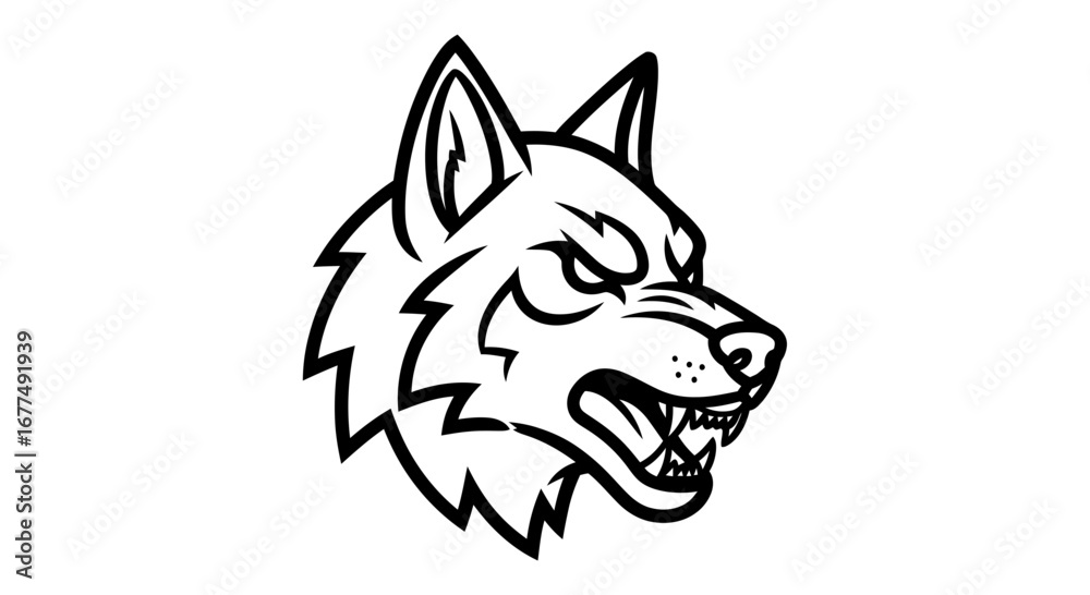 Obraz premium Aggressive wolf head logo, snarling with sharp teeth and intense eyes, , suitable for sports teams or branding