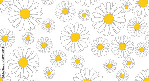 A delightful pattern of white daisies with bright yellow centers, scattered across a clean, creating a cheerful and naturalistic floral design, perfect for spring and summer themes