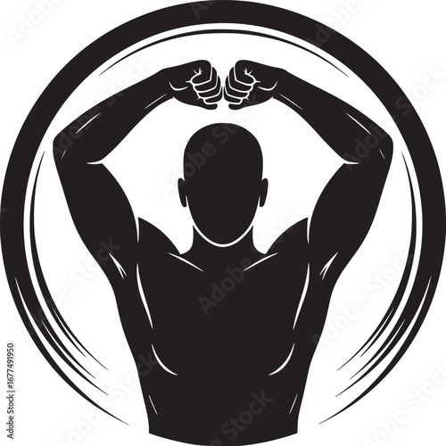 Silhouette of muscular man flexing arms inside a circle on a white background in black and white
