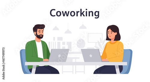 Two people working on laptops at a shared desk in a modern coworking space