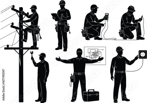 Electrician silhouettes, utility pole worker, electrical inspection, wiring repair, multimeter testing, schematic presentation, plug installation, safety gear, industrial job site, technica
