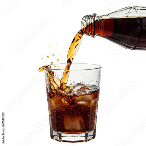 Pouring cola into glass with ice cubes
