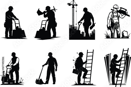 Construction worker silhouettes, plate compactor operator, blueprint holding engineer, circular saw carpenter, shovel laborer, ladder climbing builder, heavy equipment operator