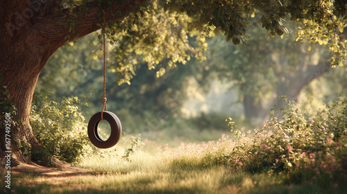 Tire Swing Hanging from Tree in Meadow – Childhood Nostalgia