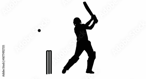  A black silhouette vector of a cricket batsman in dynamic motion, swinging the bat to hit the ball, with visible stumps and protective gear, isolated on white background — ideal for sports illustrati