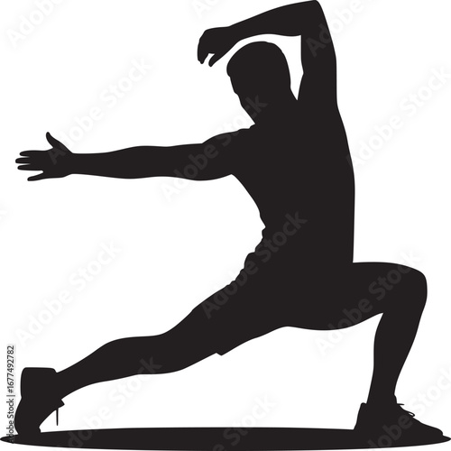 A silhouette of a man in a lunging pose with arms extended against a white background studio shot