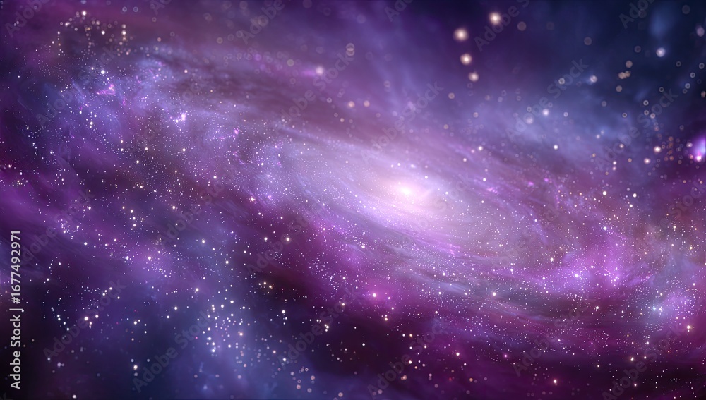 Fototapeta premium A vibrant, swirling spiral galaxy dominates the image, awash in shades of purple and blue, speckled with countless stars and nebulae. 