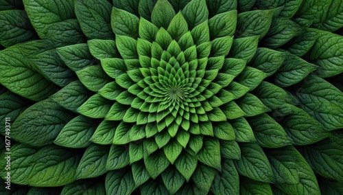 A vibrant, digitally-created image showcasing a mesmerizing spiral of lush green leaves, forming a captivating, symmetrical floral pattern