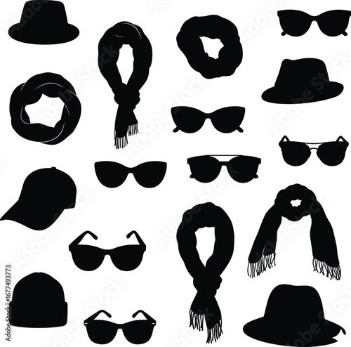 Silhouette collection of fashion accessories including hats, scarves, sunglasses, stylish headwear, and neckwear for trendy outfits and casual wear.