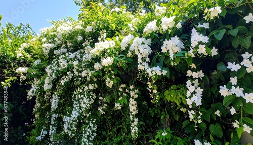 A vibrant display of cascading white flowers adorns a lush green hedge under a bright sky.