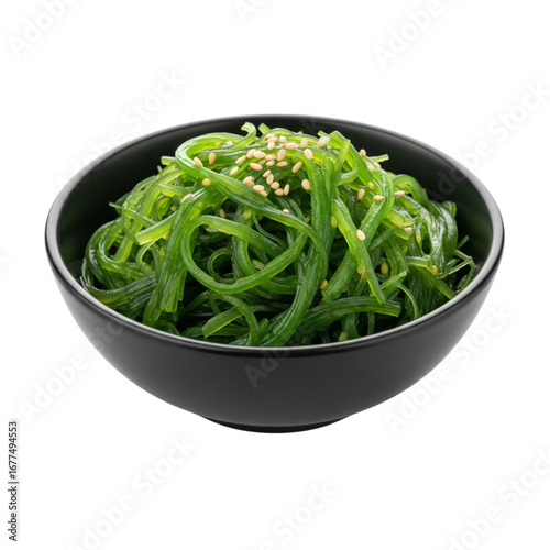  Seaweed salad with sesame seeds in black bowl
