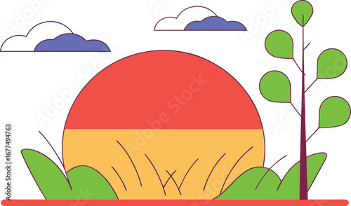 Colorful sunset landscape with a simplified tree and clouds in a clean minimalist style illustration creating a tranquil and cheerful outdoor vibe perfect for peaceful contemplation and relaxation