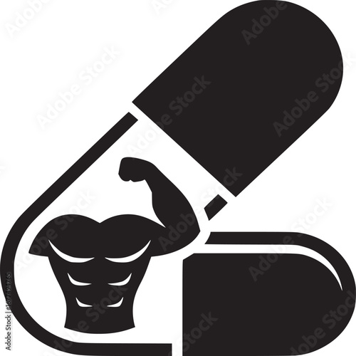 A black and white illustration of a pill containing a muscular torso and arm design element inside it