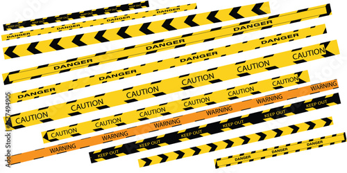 Warning tape with yellow and black diagonal stripes. Warn stop seamless line. Vector illustration on white background. Safety stripe warning caution hazard danger road vector sign symbol. EPS file 99
