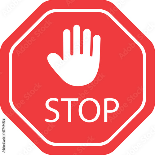 Stop hand sign icon illustration in red vector style