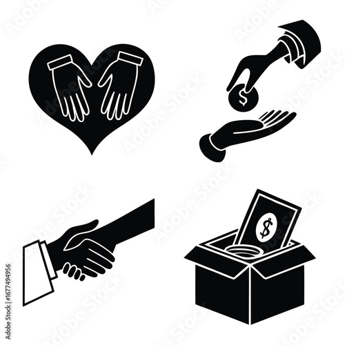 Black icons show clasping hands, giving money, and handshake on white background