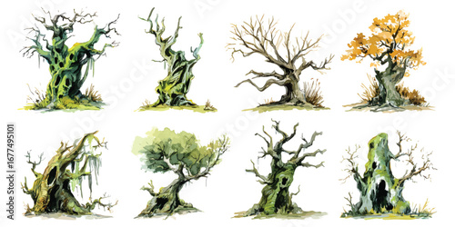 Scary old spooky dead trees Halloween watercolor set isolated on transparent background