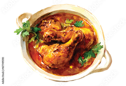 Bowl of chicken curry stew garnished with fresh green herbs watercolor set isolated on transparent background