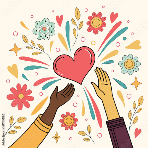 Diverse hands reach towards a heart amid flowers and retro bursts on a light background