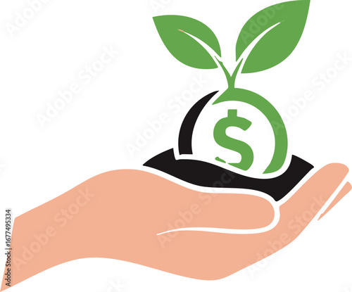 Illustration of a hand holding a coin with a plant growing out of it, symbolizing investment growth and financial success