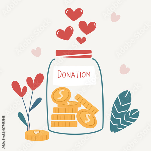 Hearts ascend from a glass donation jar brimming with coins and floral elements