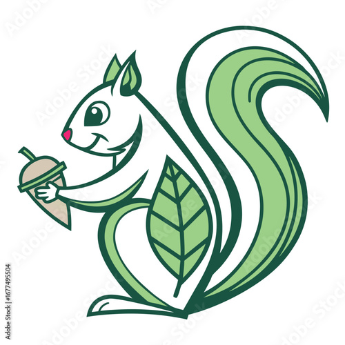 Stylized green squirrel cheerfully holds an acorn, with a leaf element completing the image