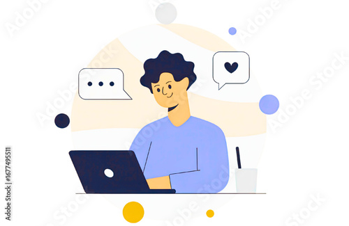 Man works remotely with laptop, sharing love online in a digital modern world of communication