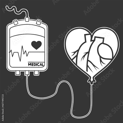 White blood bag flows to heart shaped like balloon over grey background