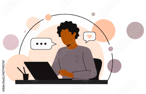 Engaging online dating with flirty messages, modern work from home and social networking concept
