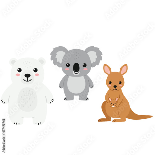 Cute childish animal vector illustration featuring an adorable polar bear, koala, and kangaroo in a charming 2D flat style, isolated on a clean white background.