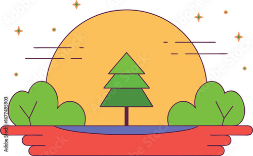 Minimalist illustration of nature landscape with tree bushes sunset and abstract horizon line in vector format ideal for web design and decoration projects