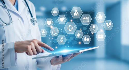 Doctor using tablet with medical icons representing healthcare technology and innovation