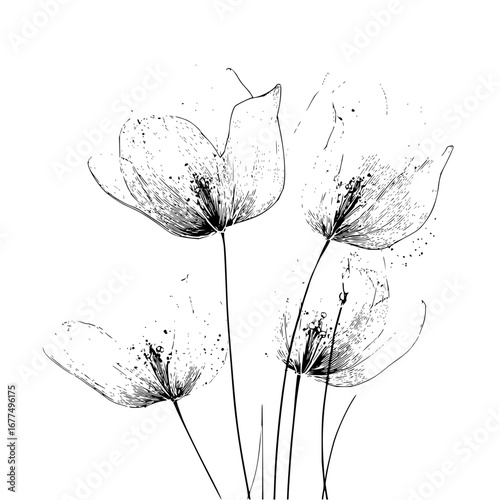 Elegant floral line art drawing of tulips in black and white for modern minimalist home decor and wall art prints