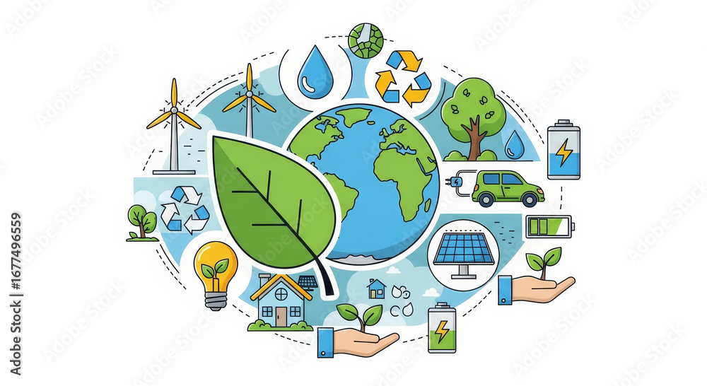 Fototapeta premium Eco-friendly world with renewable energy sources and sustainable green living illustration