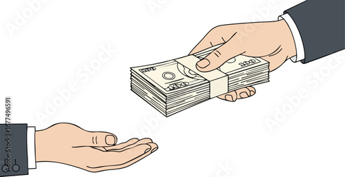 Illustration of a hand giving money to another hand, representing financial transaction, investment, or payment