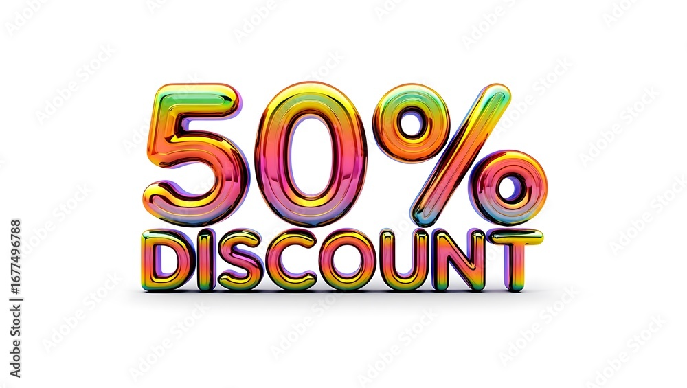 Bright colorful 50 percent discount shiny letters sale announcement for retail and marketing promotions