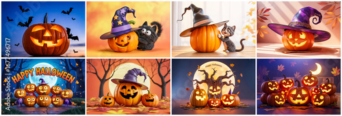 Halloween pumpkins and cats jack o lantern witches hat
