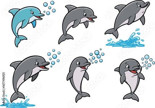 Cartoon dolphins swimming and splashing with bubbles, playful ocean animal characters in expressive poses for kids design and stock use