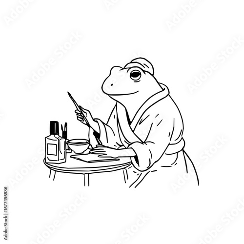 Frog spa day illustration: cute amphibian in robe getting beauty treatment with nail polish and brush design