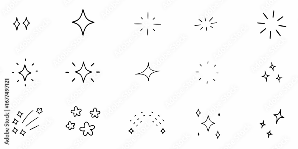 Obraz premium Collection of hand drawn starbursts and sparkle icons in black and white doodle style