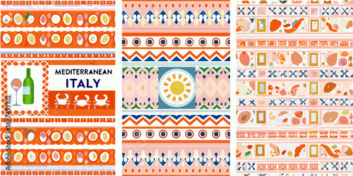 Vibrant mediterranean italy pattern collection with anchors sun crabs and wine