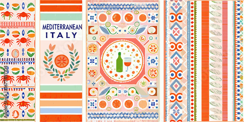 Vibrant mediterranean italy collage featuring food crabs and geometric patterns