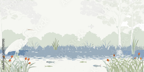 Serene wetland landscape with a white egret standing by the water with fish and reeds