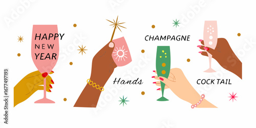 Diverse hands celebrating with champagne and cocktails for a happy new year