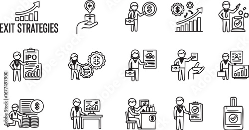 Exit strategies and business finance icons depicting investment market growth, success, ipo, mergers, acquisitions, deals, money, graph, chart, report, and negotiation