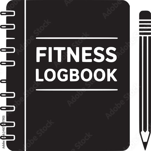 A black and white illustration of a fitness logbook with a pencil on a white background